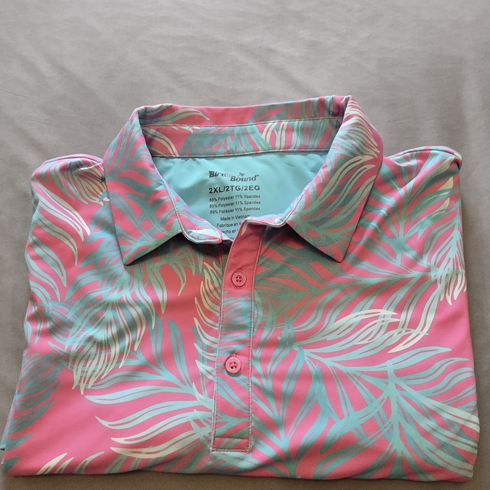 Birdie Bound Men’s Floral Print Golf Polo Shirt Pink Palm Pattern Tropical XXL